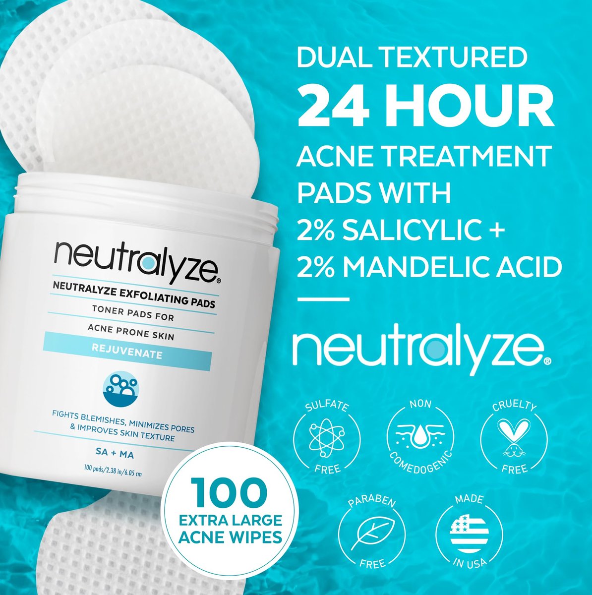 Neutralyze Exfoliating Acne Treatment Wipes - Maximum Strength Textured Acne Pads with Mandelic Acid & Salicylic Acid for Face & Body - All Skin Types, Teens & Adults (100 Wipes) Avelisse