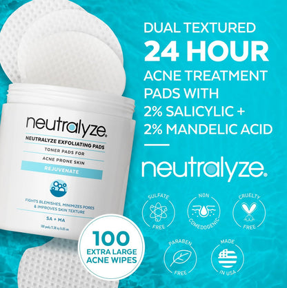 Neutralyze Exfoliating Acne Treatment Wipes - Maximum Strength Textured Acne Pads with Mandelic Acid & Salicylic Acid for Face & Body - All Skin Types, Teens & Adults (100 Wipes) Avelisse
