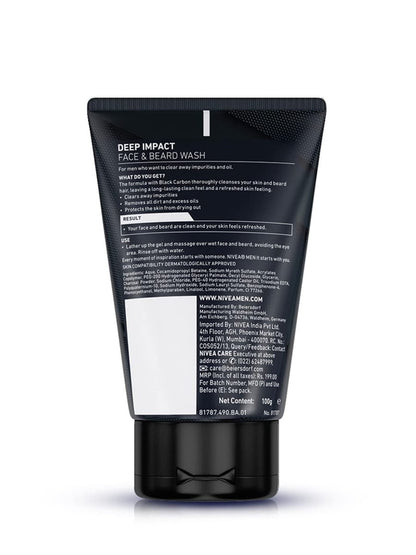 NIVEA Men Deep Impact Intense Clean Face and Beard Wash - Black Carbon, 3.3 oz (100 ml)
