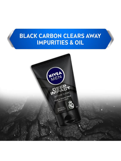 NIVEA Men Deep Impact Intense Clean Face and Beard Wash - Black Carbon, 3.3 oz (100 ml)