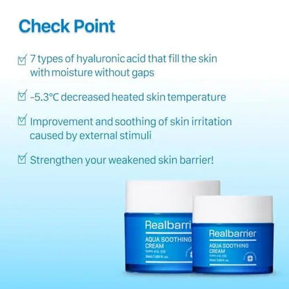 Real Barrier Aqua Soothing Cream 1.7 Fl Oz - Hyaluronic Acid Face Moisturizer for Sensitive, Dry Skin with Chamomile Extract - Korean Skincare Redness Relief Avelisse