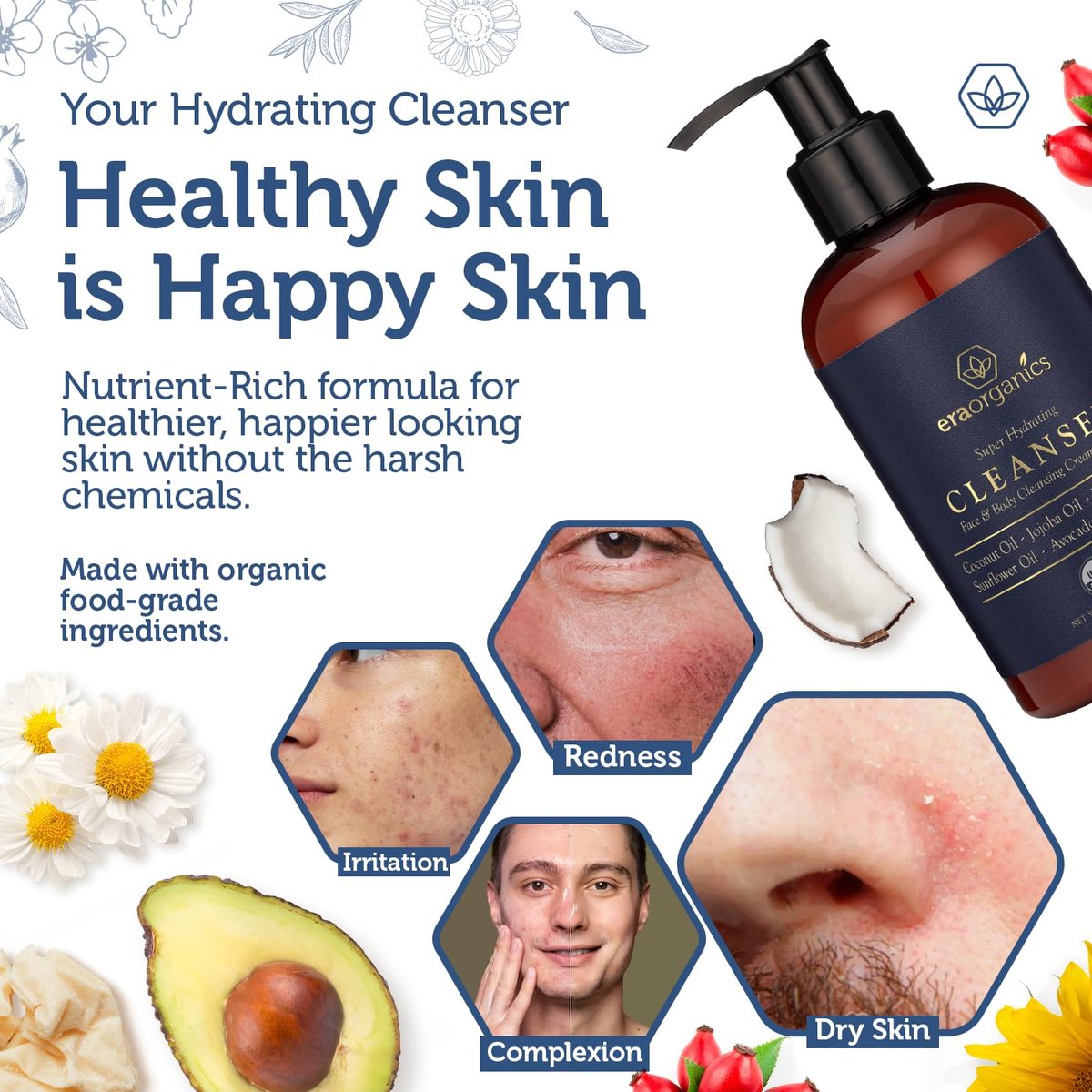 Era Organics USDA Organic Men's Face Wash - Nourishing & Hydrating Facial and Body Cleanser for Smoother Skin Avelisse