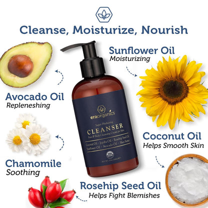 Era Organics USDA Organic Men's Face Wash - Nourishing & Hydrating Facial and Body Cleanser for Smoother Skin Avelisse