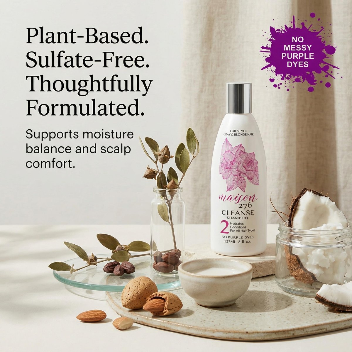 Maison 276 HYDRATE Shampoo for Grey & Silver Hair – Deep Hydration, Gentle Cleanse, No Purple Dyes, Plant-Based Care for Naturally Grey Hair, Sulfate-Free, 8 oz Avelisse