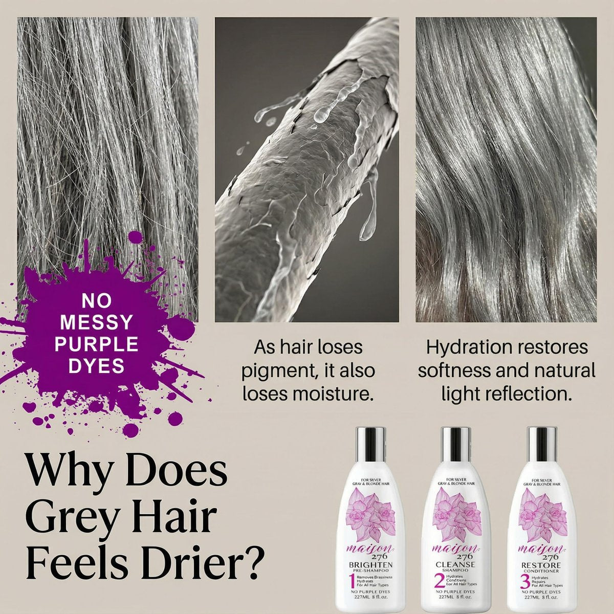 Maison 276 HYDRATE Shampoo for Grey & Silver Hair – Deep Hydration, Gentle Cleanse, No Purple Dyes, Plant-Based Care for Naturally Grey Hair, Sulfate-Free, 8 oz Avelisse