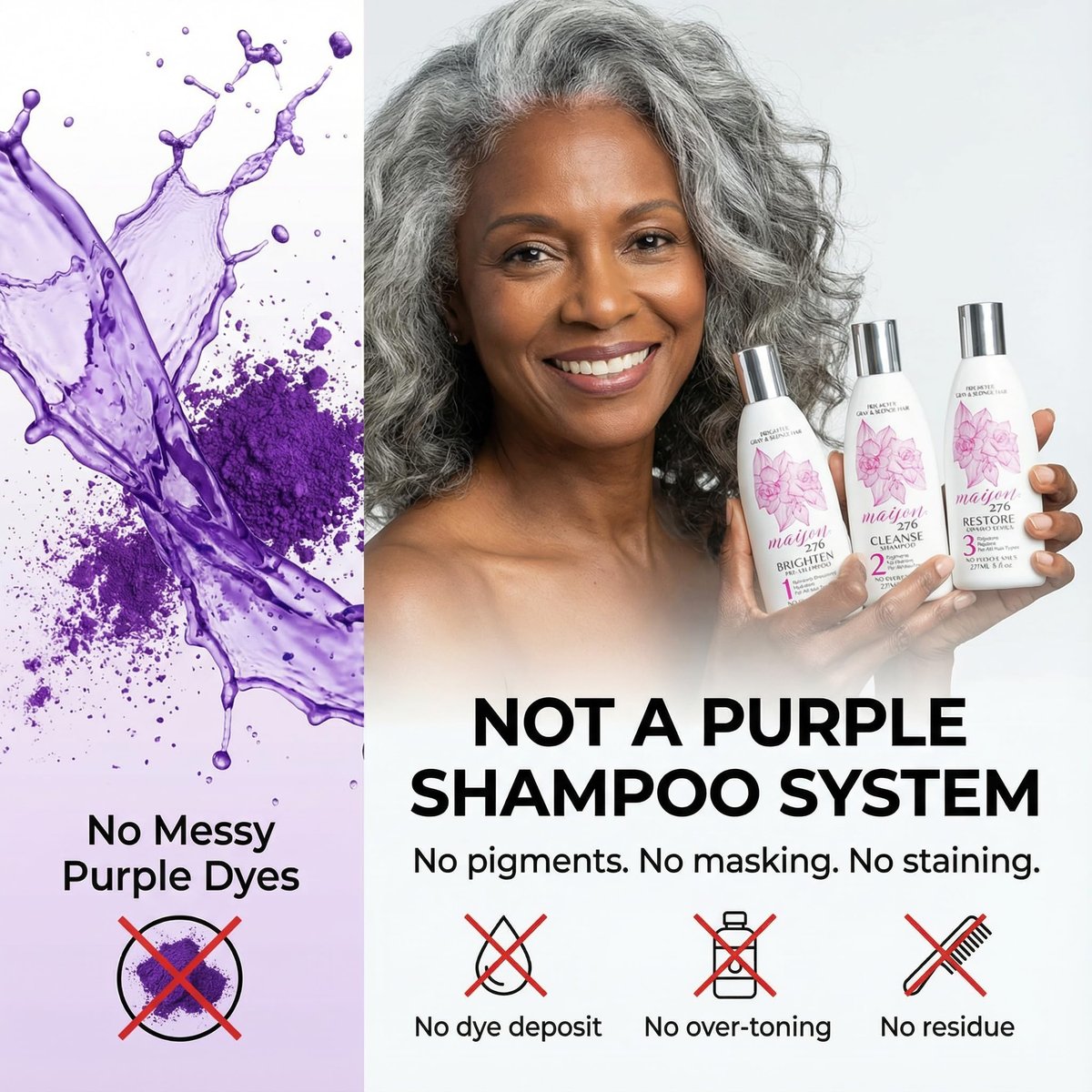 Maison 276 Pre-Shampoo, Shampoo & Conditioner for Silver, Gray & Blonde Hair - 3-Step Tone-Brightening System, Neutralizes Brassiness, Sulfate-Free, 3x 8 oz Bottles Avelisse