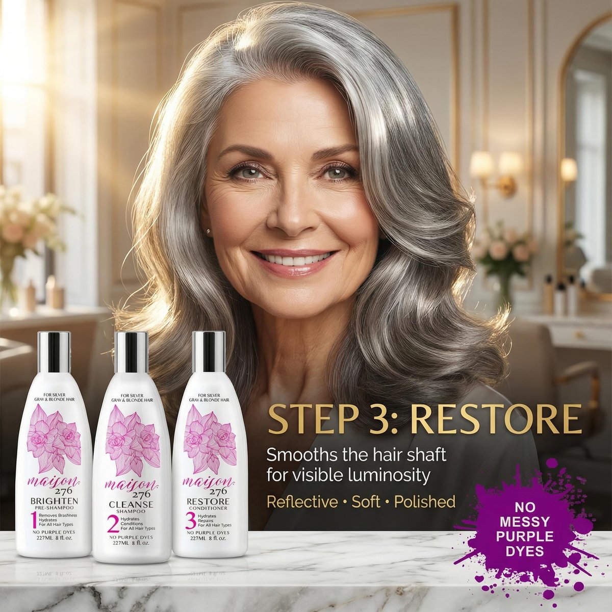 Maison 276 Pre-Shampoo, Shampoo & Conditioner for Silver, Gray & Blonde Hair - 3-Step Tone-Brightening System, Neutralizes Brassiness, Sulfate-Free, 3x 8 oz Bottles Avelisse