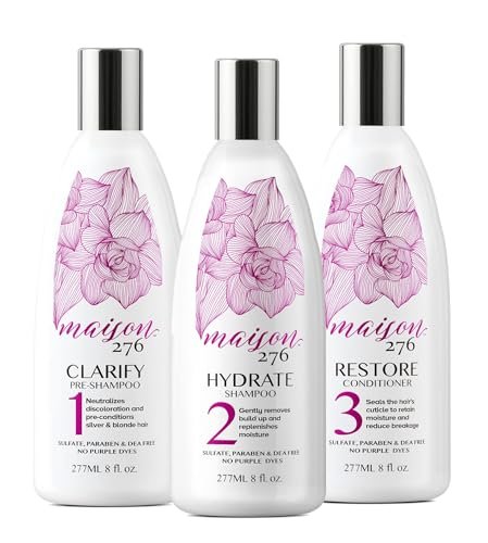 Maison 276 Pre-Shampoo, Shampoo & Conditioner for Silver, Gray & Blonde Hair - 3-Step Tone-Brightening System, Neutralizes Brassiness, Sulfate-Free, 3x 8 oz Bottles Avelisse