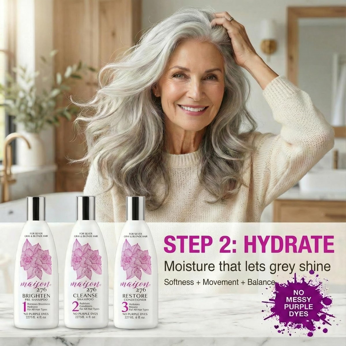 Maison 276 Pre-Shampoo, Shampoo & Conditioner for Silver, Gray & Blonde Hair - 3-Step Tone-Brightening System, Neutralizes Brassiness, Sulfate-Free, 3x 8 oz Bottles Avelisse