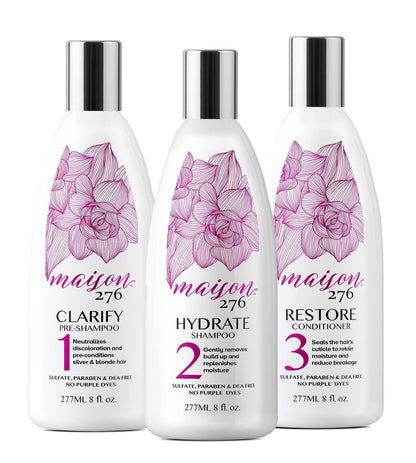 Maison 276 Pre-Shampoo, Shampoo & Conditioner for Silver, Gray & Blonde Hair - 3-Step Tone-Brightening System, Neutralizes Brassiness, Sulfate-Free, 3x 8 oz Bottles Avelisse