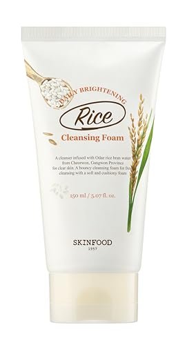 SKINFOOD Rice Daily Cleansing Foam 150ml – Brightening Facial Foam with Fermented Rice for Smooth, Firm Skin