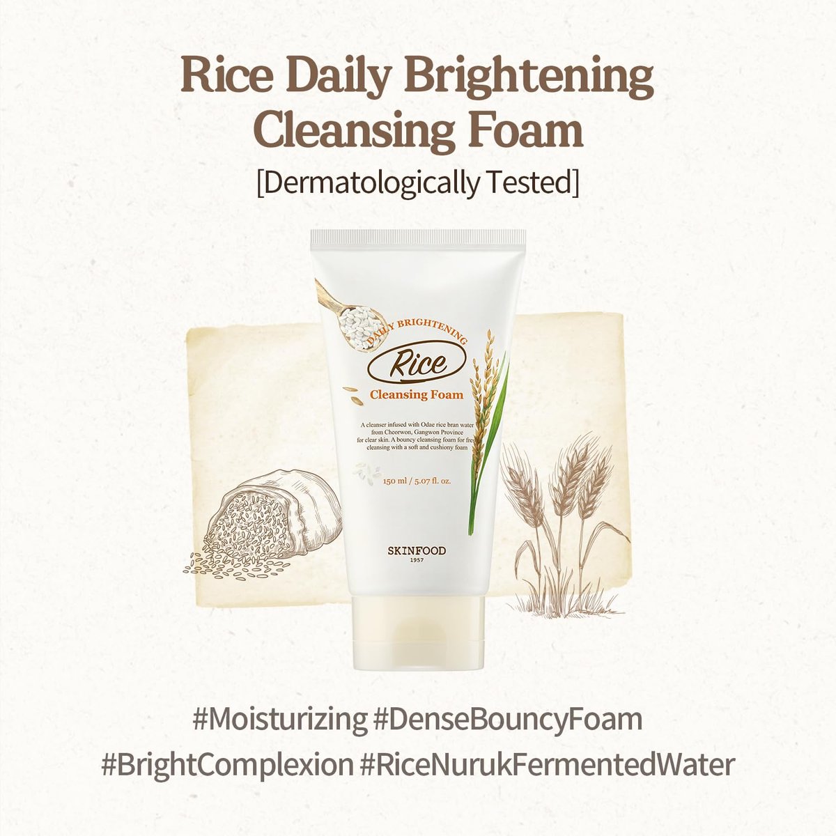 SKINFOOD Rice Daily Cleansing Foam 150ml – Brightening Facial Foam with Fermented Rice for Smooth, Firm Skin - görsel 6