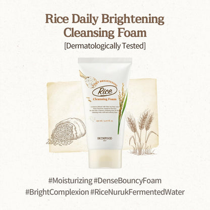 SKINFOOD Rice Daily Cleansing Foam 150ml – Brightening Facial Foam with Fermented Rice for Smooth, Firm Skin