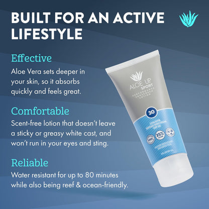 Aloe Up Sport Sunscreen Body Lotion SPF 30 - Broad Spectrum, Water Resistant 80 min, Reef Friendly, Fragrance Free, 3 oz