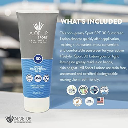 Aloe Up Sport Sunscreen Body Lotion SPF 30 - Broad Spectrum, Water Resistant 80 min, Reef Friendly, Fragrance Free, 3 oz