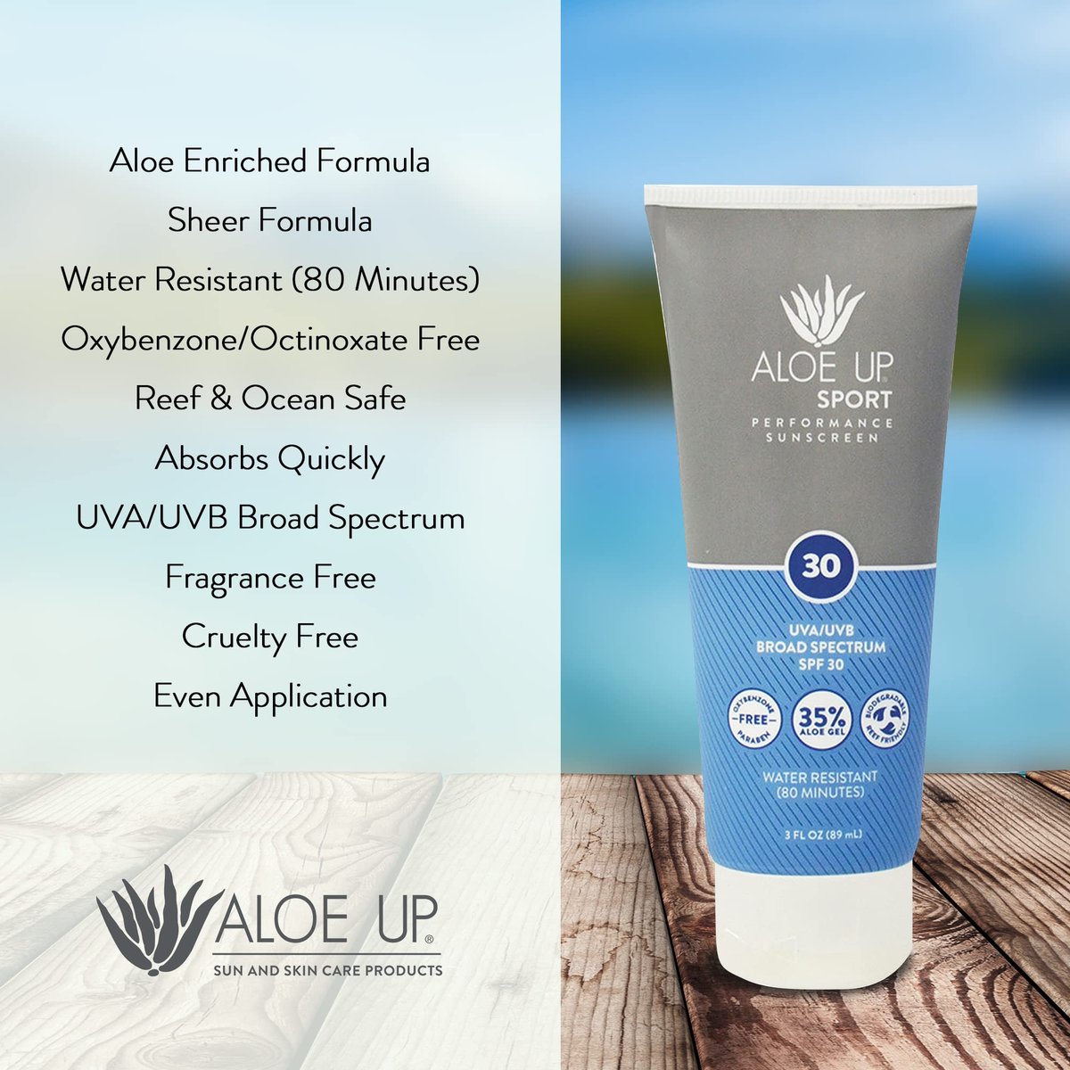 Aloe Up Sport Sunscreen Body Lotion SPF 30 - Broad Spectrum, Water Resistant 80 min, Reef Friendly, Fragrance Free, 3 oz - görsel 15