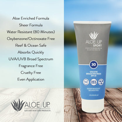 Aloe Up Sport Sunscreen Body Lotion SPF 30 - Broad Spectrum, Water Resistant 80 min, Reef Friendly, Fragrance Free, 3 oz