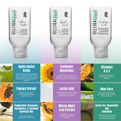 Billy Jealousy Face3Some Face Trio: Vegan Men's Skin Care Kit with Daily Facial Cleanser, Exfoliating Cleanser & Moisturizer - Travel Size Toiletries, Gentle Fresh Scent