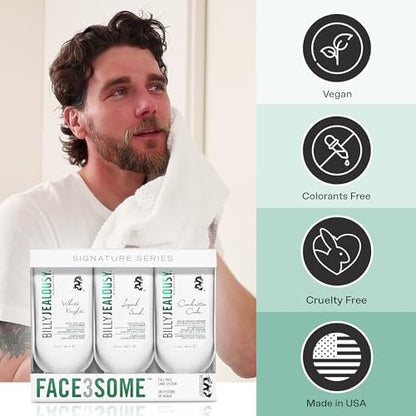 Billy Jealousy Face3Some Face Trio: Vegan Men's Skin Care Kit with Daily Facial Cleanser, Exfoliating Cleanser & Moisturizer - Travel Size Toiletries, Gentle Fresh Scent