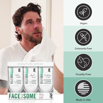 Billy Jealousy Face3Some Face Trio: Vegan Men's Skin Care Kit with Daily Facial Cleanser, Exfoliating Cleanser & Moisturizer - Travel Size Toiletries, Gentle Fresh Scent