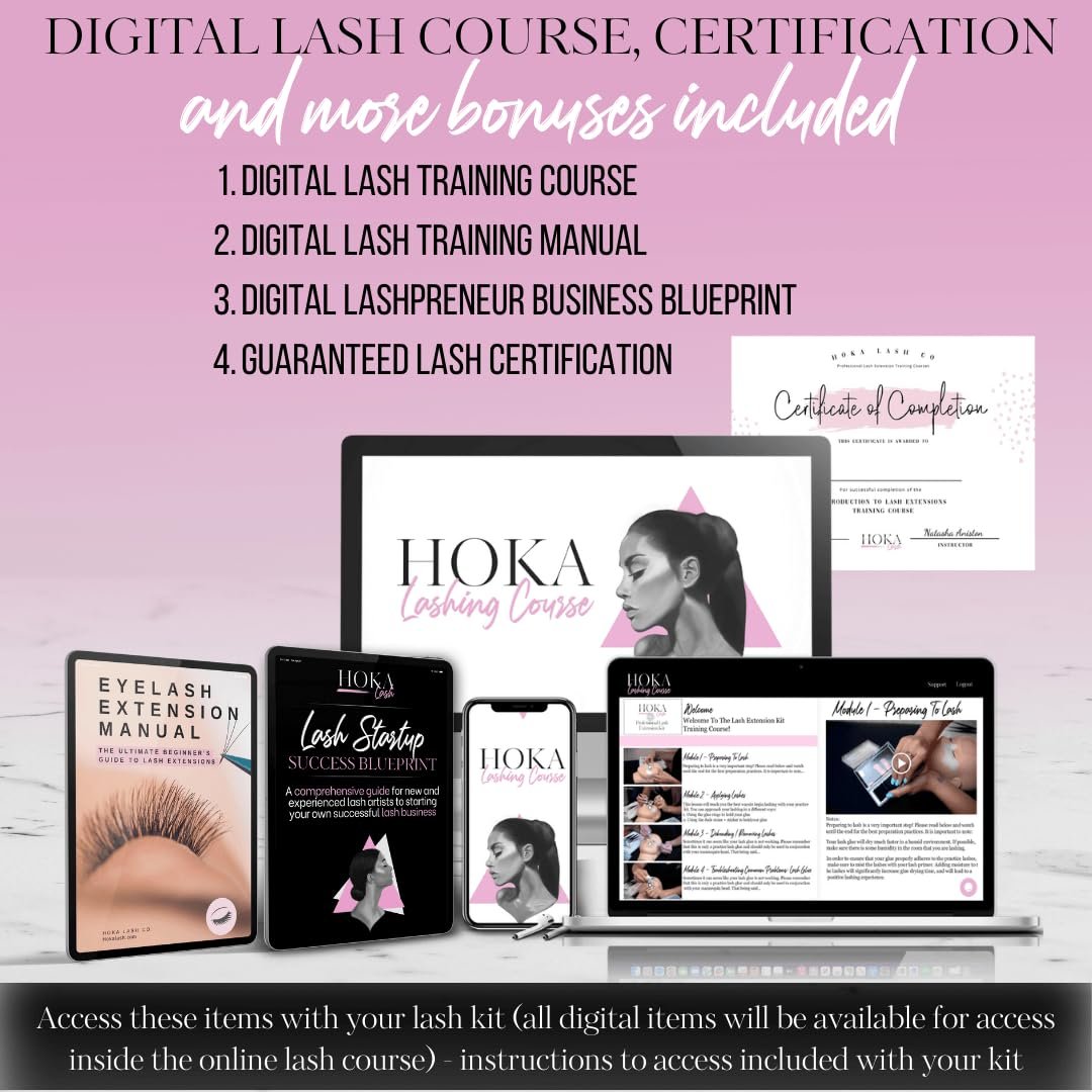 Hoka Lash Eyelash Extension Kit & Training Course with Certification – Professional Lash Kit for Beginners with Practice Mannequin, Lash Trays, Glue, Tweezers, Fan & More Avelisse