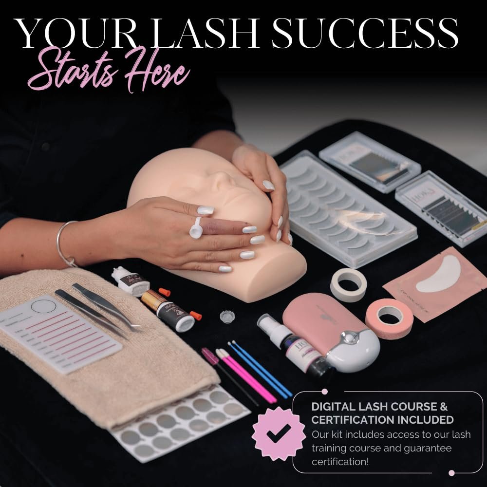 Hoka Lash Eyelash Extension Kit & Training Course with Certification – Professional Lash Kit for Beginners with Practice Mannequin, Lash Trays, Glue, Tweezers, Fan & More Avelisse