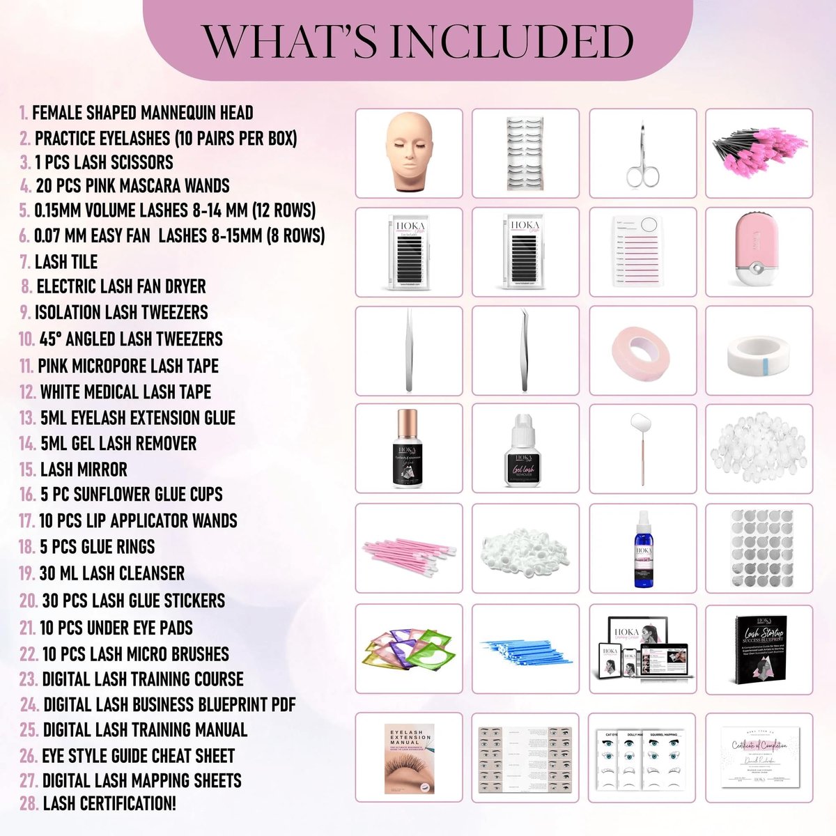 Hoka Lash Eyelash Extension Kit & Training Course with Certification – Professional Lash Kit for Beginners with Practice Mannequin, Lash Trays, Glue, Tweezers, Fan & More Avelisse