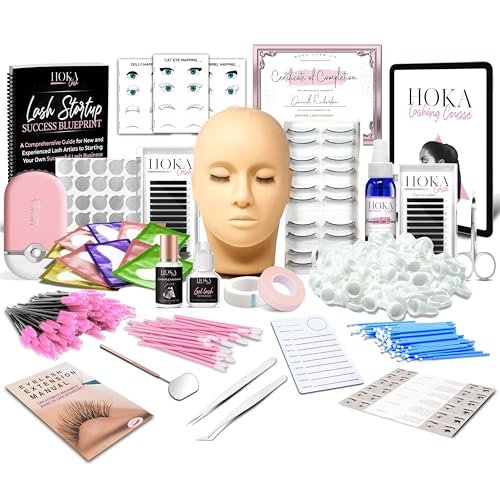 Hoka Lash Eyelash Extension Kit & Training Course with Certification – Professional Lash Kit for Beginners with Practice Mannequin, Lash Trays, Glue, Tweezers, Fan & More Avelisse