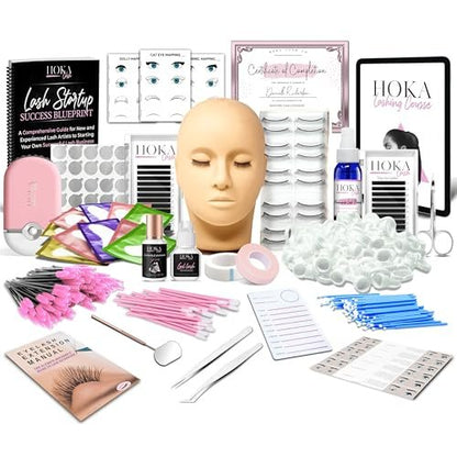 Hoka Lash Eyelash Extension Kit & Training Course with Certification – Professional Lash Kit for Beginners with Practice Mannequin, Lash Trays, Glue, Tweezers, Fan & More Avelisse