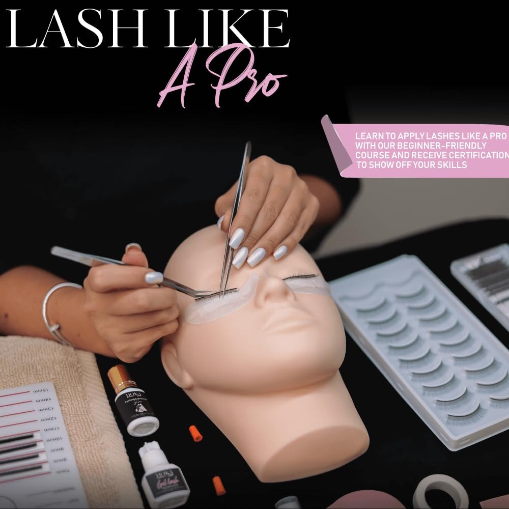 Hoka Lash Eyelash Extension Kit & Training Course with Certification – Professional Lash Kit for Beginners with Practice Mannequin, Lash Trays, Glue, Tweezers, Fan & More Avelisse