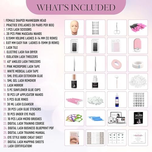Hoka Lash Eyelash Extension Kit & Training Course with Certification – Professional Lash Kit for Beginners with Practice Mannequin, Lash Trays, Glue, Tweezers, Fan & More Avelisse