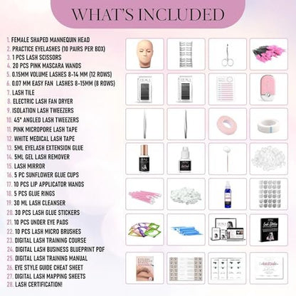 Hoka Lash Eyelash Extension Kit & Training Course with Certification – Professional Lash Kit for Beginners with Practice Mannequin, Lash Trays, Glue, Tweezers, Fan & More Avelisse