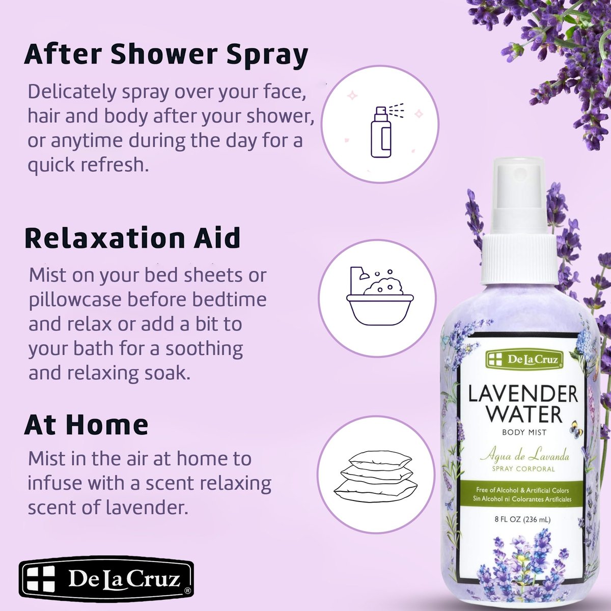 De La Cruz Lavender Water Body Mist - Soothing Lavender Spray with Pure Essential Oil, 8 fl oz - görsel 5
