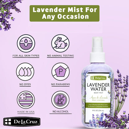 De La Cruz Lavender Water Body Mist - Soothing Lavender Spray with Pure Essential Oil, 8 fl oz