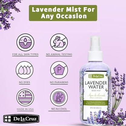 De La Cruz Lavender Water Body Mist - Soothing Lavender Spray with Pure Essential Oil, 8 fl oz