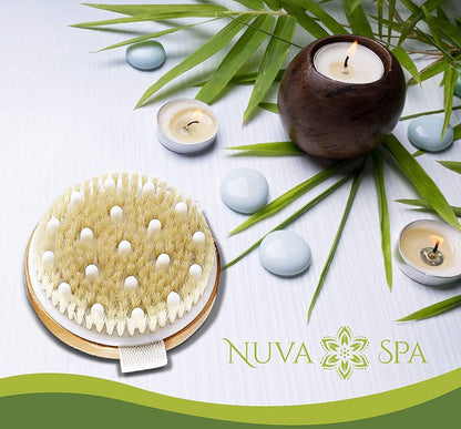 Nuva Spa Dry Brushing Bamboo Body Brush – Natural Boar Bristle Exfoliating Brush for Cellulite Treatment, Lymphatic Drainage & Spa-Quality Skin Care