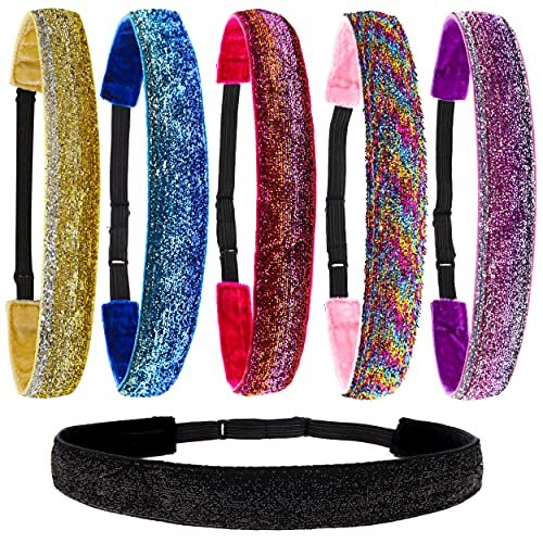 FROG SAC 6 Glitter Headbands for Girls - Adjustable Non-Slip Velvet Hair Bands for Kids, Sparkly Stretch Elastic Hair Accessories for Gymnastics, Teen Girls, Women Avelisse