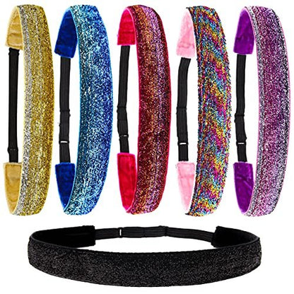 FROG SAC 6 Glitter Headbands for Girls - Adjustable Non-Slip Velvet Hair Bands for Kids, Sparkly Stretch Elastic Hair Accessories for Gymnastics, Teen Girls, Women Avelisse