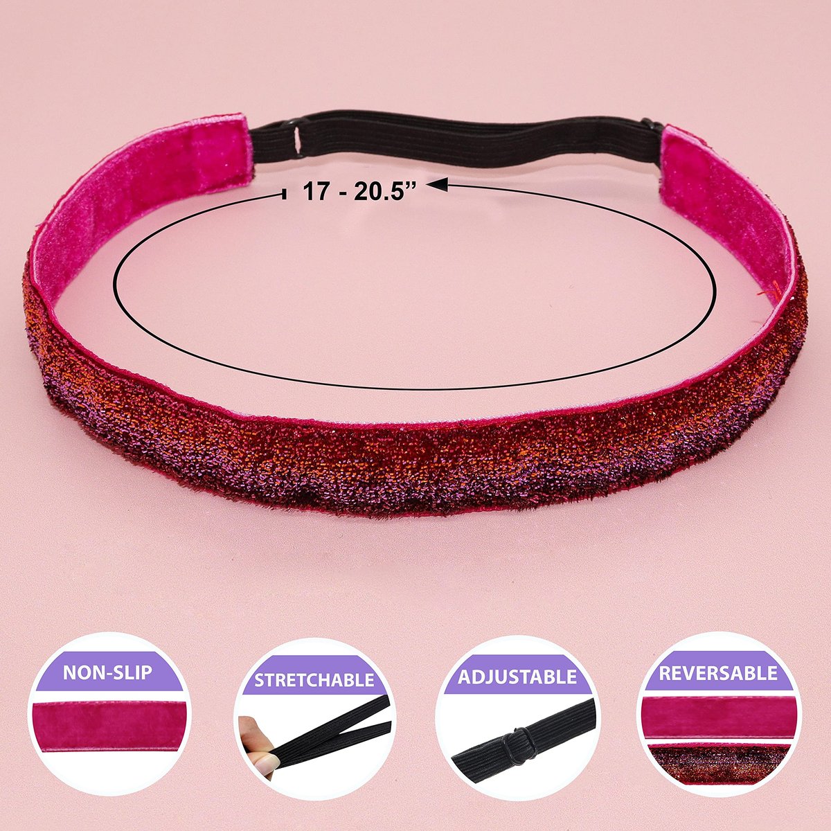 FROG SAC 6 Glitter Headbands for Girls - Adjustable Non-Slip Velvet Hair Bands for Kids, Sparkly Stretch Elastic Hair Accessories for Gymnastics, Teen Girls, Women Avelisse