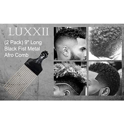 LUXXII (2 Pack) 8" Long Black Fist Metal Afro Pick Lift Hair Comb - Detangle, Wig, Braid, Man Styling Comb Avelisse