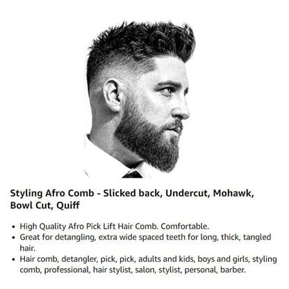 LUXXII (2 Pack) 8" Long Black Fist Metal Afro Pick Lift Hair Comb - Detangle, Wig, Braid, Man Styling Comb Avelisse