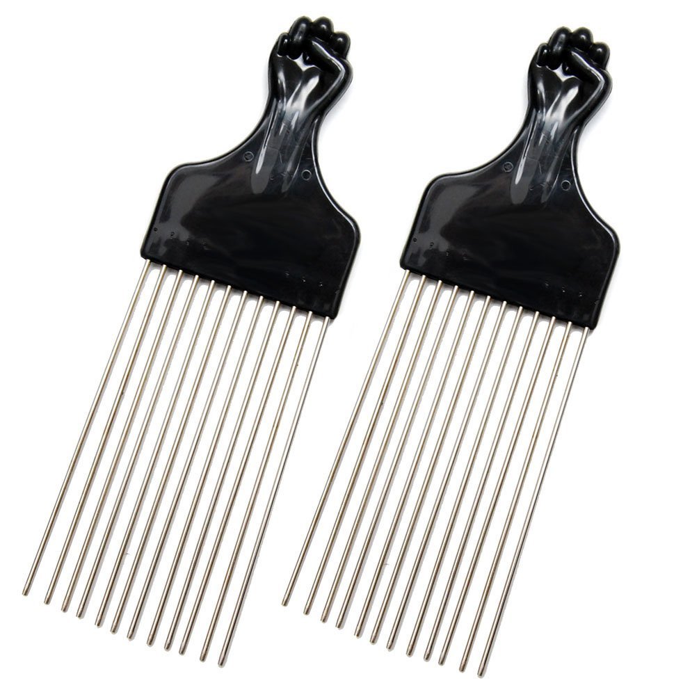 LUXXII (2 Pack) 8" Long Black Fist Metal Afro Pick Lift Hair Comb - Detangle, Wig, Braid, Man Styling Comb Avelisse