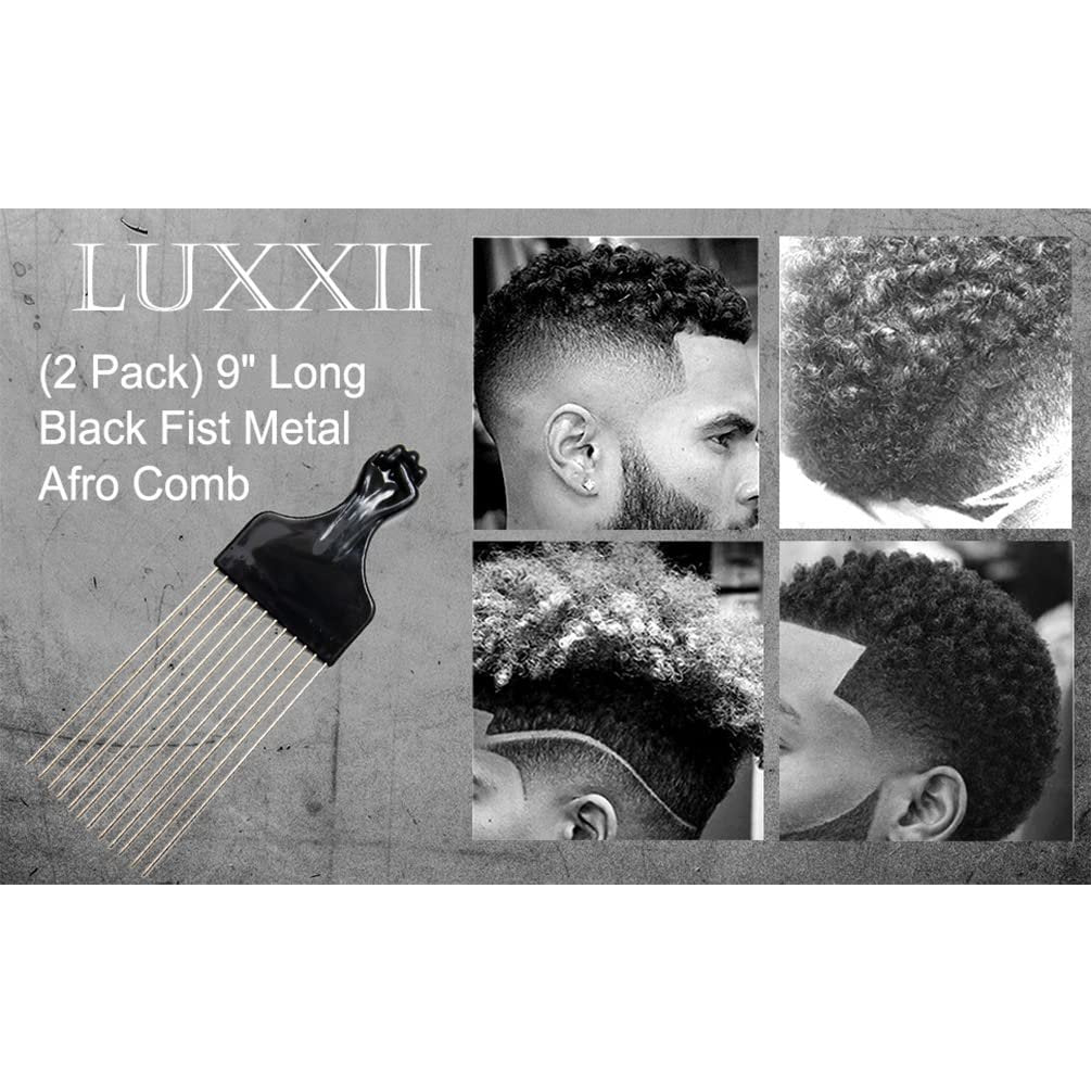LUXXII (2 Pack) 8" Long Black Fist Metal Afro Pick Lift Hair Comb - Detangle, Wig, Braid, Man Styling Comb Avelisse