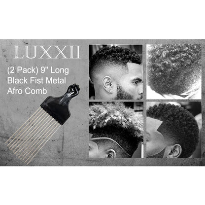 LUXXII (2 Pack) 8" Long Black Fist Metal Afro Pick Lift Hair Comb - Detangle, Wig, Braid, Man Styling Comb Avelisse