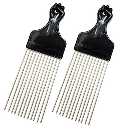 LUXXII (2 Pack) 8" Long Black Fist Metal Afro Pick Lift Hair Comb - Detangle, Wig, Braid, Man Styling Comb Avelisse