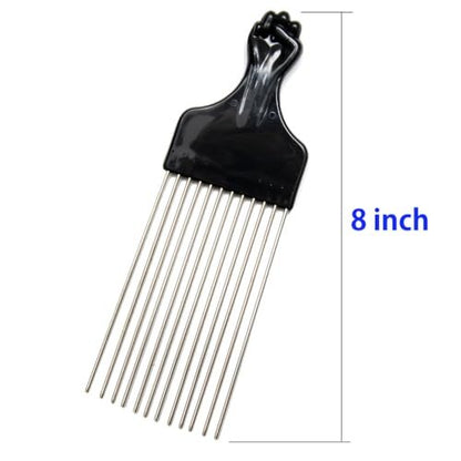 LUXXII (2 Pack) 8" Long Black Fist Metal Afro Pick Lift Hair Comb - Detangle, Wig, Braid, Man Styling Comb Avelisse