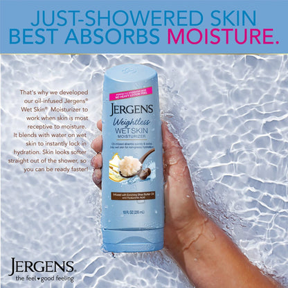 Jergens Wet Skin Body Moisturizer with Shea Butter Oil - Pure Shea Butter In-Shower Lotion for Dry Skin, Fast-Absorbing, Non-Sticky, Dermatologist Tested, 10 oz