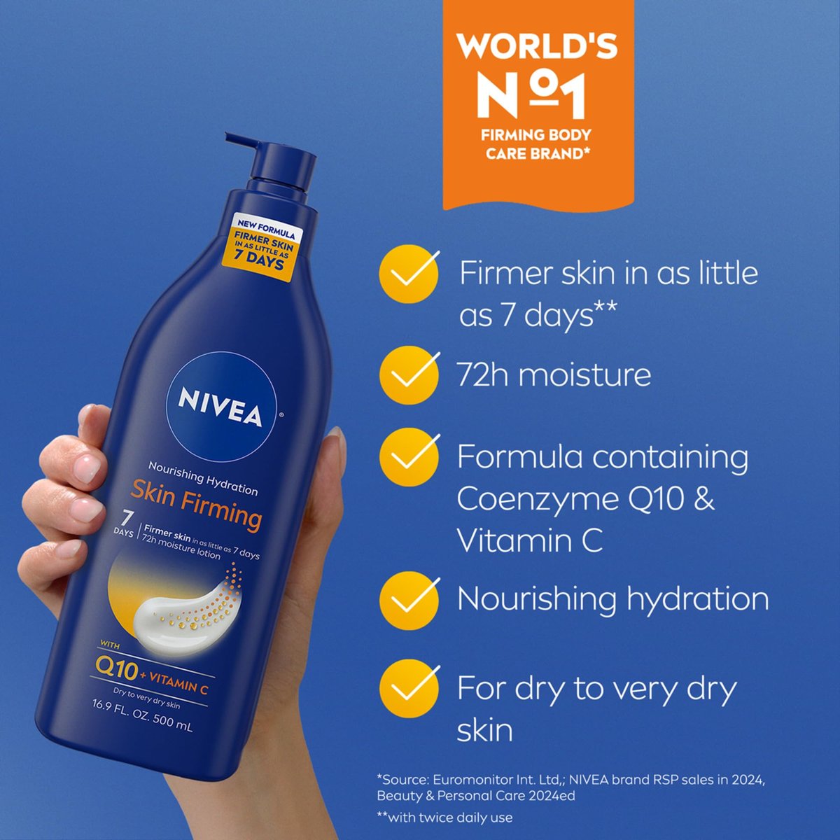 NIVEA Nourishing Hydration Skin Firming Body Lotion with Q10 and Vitamin C, 72-Hour Moisture for Dry Skin, 16.9 oz Pump Avelisse