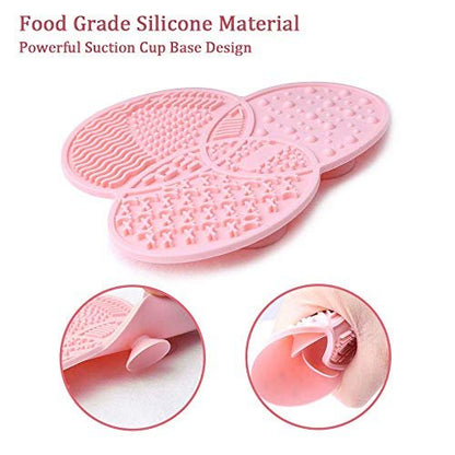 Diolan Makeup Brush Cleaning Mat & Drying Rack - 28 Holes Brush Holder, Silicone Rubber Clover Shaped Mat Cleaner - Black & Pink