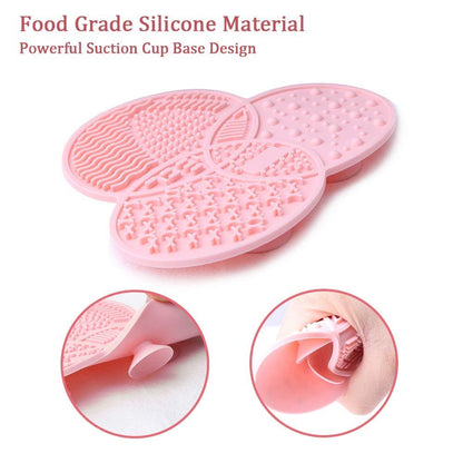 Diolan Makeup Brush Cleaning Mat & Drying Rack - 28 Holes Brush Holder, Silicone Rubber Clover Shaped Mat Cleaner - Black & Pink